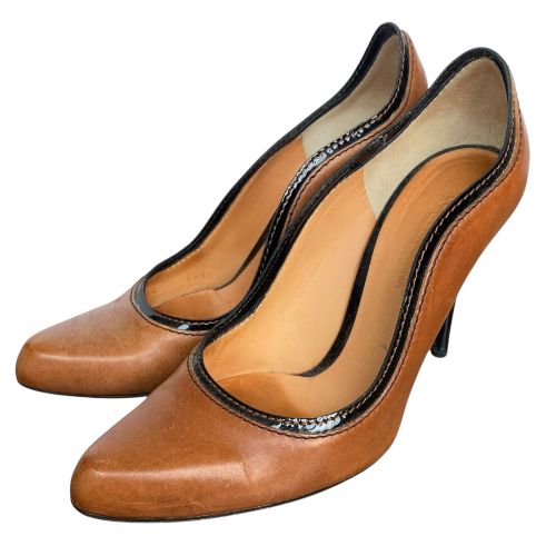 DOLCE & GABBANA Camel Brown Leather Black Patent Trim Pumps, Size 36.5