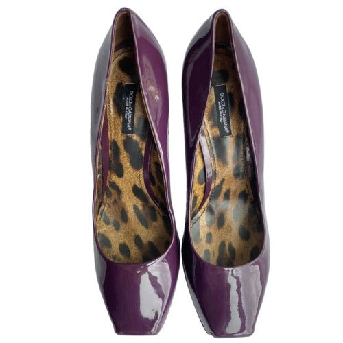 NEW DOLCE & GABBANA Purple Patent Leather Block Heel Square Toe Pumps, Size 40