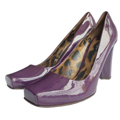 NEW DOLCE & GABBANA Purple Patent Leather Block Heel Square Toe Pumps, Size 40