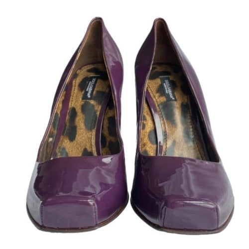 NEW DOLCE & GABBANA Purple Patent Leather Block Heel Square Toe Pumps, Size 40
