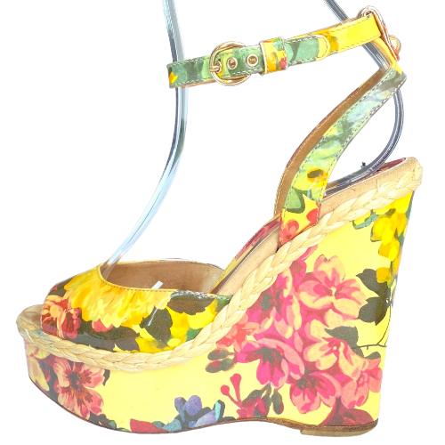 DOLCE & GABBANA Multicolor Patent Leather Floral Print Wedge Sandals, Size 38