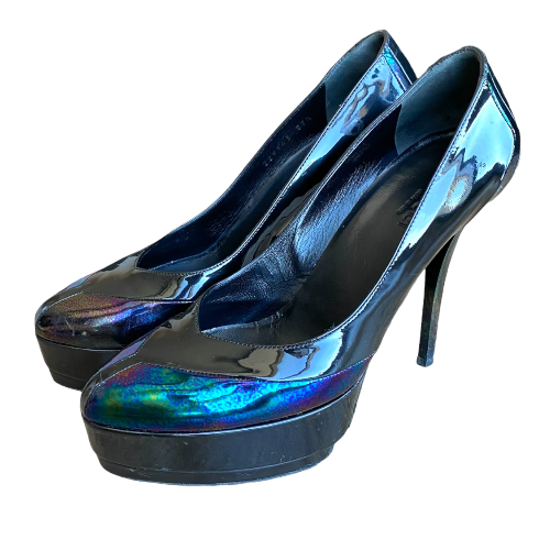 GUCCI Black Oil Slick Patent Leather Platform Pumps, Size 37.5