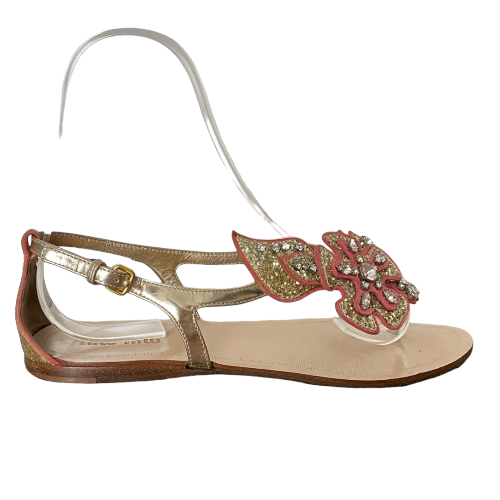 MIU MIU Gold Glitter Coral Pink Crystal Leather Flower Flat Sandals, Size 37