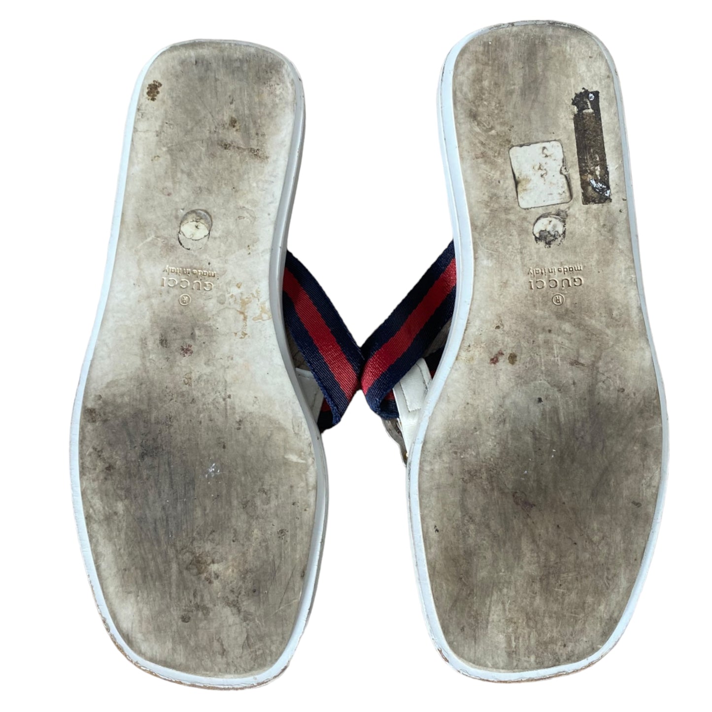 GUCCI White Enamel GG Web Flip Flops Navy & Red Flat Thong Sandals, Size 39