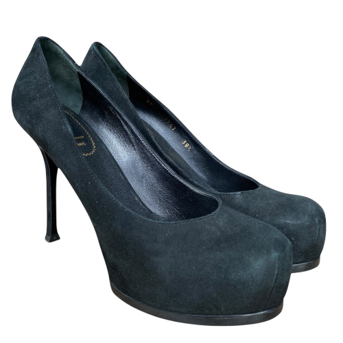 YSL YVES SAINT LAURENT Black Suede Tribtoo Tribute Platform Pumps, Size 38.5