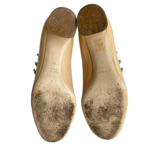 MIU MIU Beige Patent Leather Crystal Strap Mary Jane Low Heel Pumps, Size 38