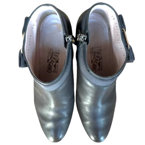 SALVATORE FERRAGAMO Anthracite Leather Bow Detail Ankle Booties, Size 6.5 C