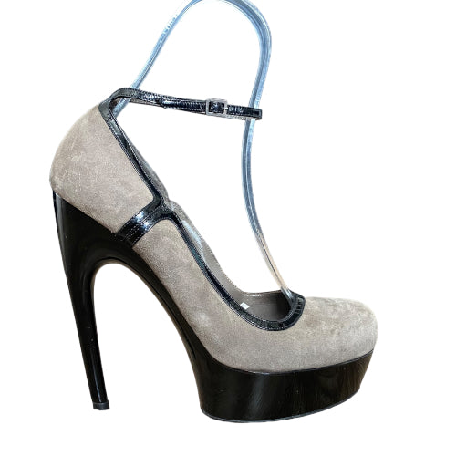 ALEXANDER MCQUEEN Gray Suede Ankle Strap Platform Horn Heel Pumps, Size 37