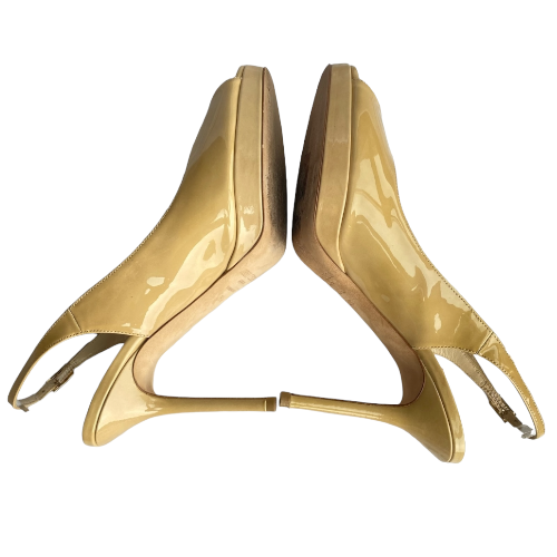 JIMMY CHOO Shaw Nude Patent Leather Vita Peep-Toe Slingback Pumps, Size 38.5