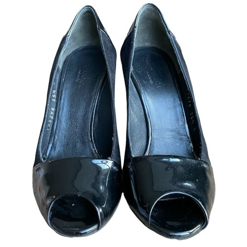 GUCCI Black Suede & Patent Leather GG Logo Detail Peep Toe Pumps, Size 35.5 C