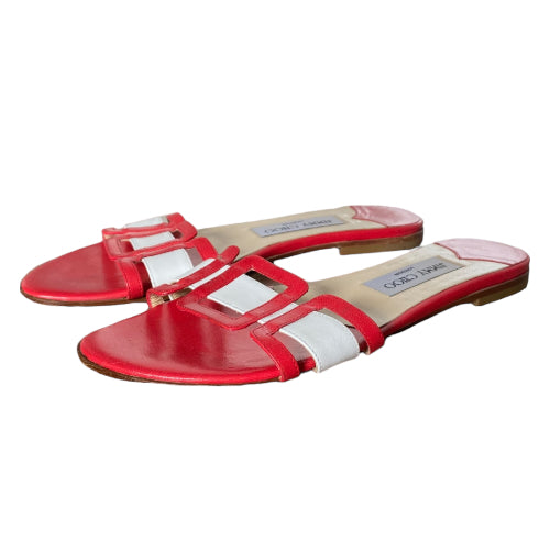 JIMMY CHOO Red & White Leather Flat Sandals, Size 36