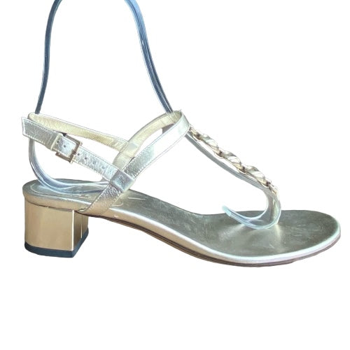 GUCCI Metallic Gold Leather Marina Chain T Strap Block Heel Sandals, Size 36