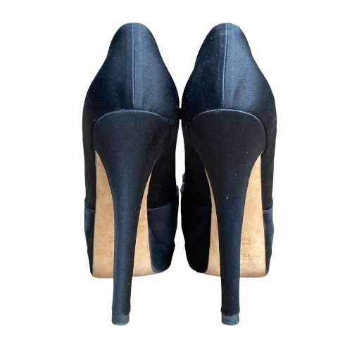 FENDI Black Satin Bow Peep Toe Platform Pumps, Size 37.5