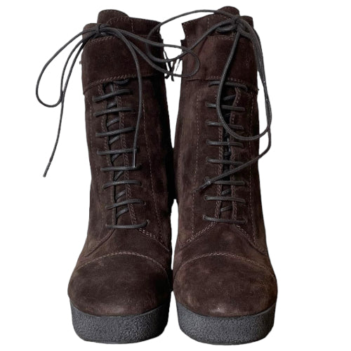 NEW YVES SAINT LAURENT Brown Suede Lace Up Ankle Platform Boots, Size 36.5