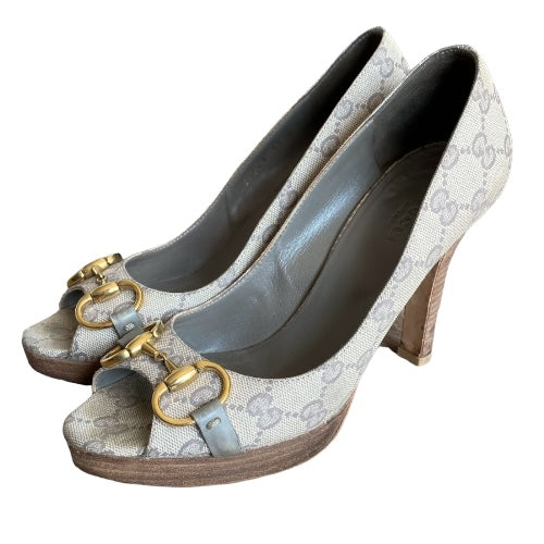 GUCCI Guccissima Greige GG Logo Leather Horsebit Platform Peep Toe Pumps, Size 37
