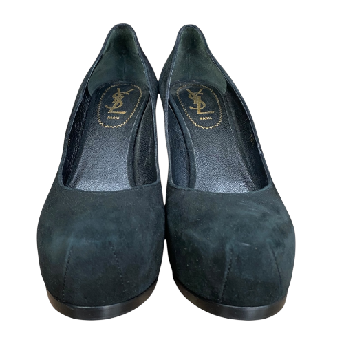 YSL YVES SAINT LAURENT Black Suede Tribtoo Tribute Platform Pumps, Size 38.5