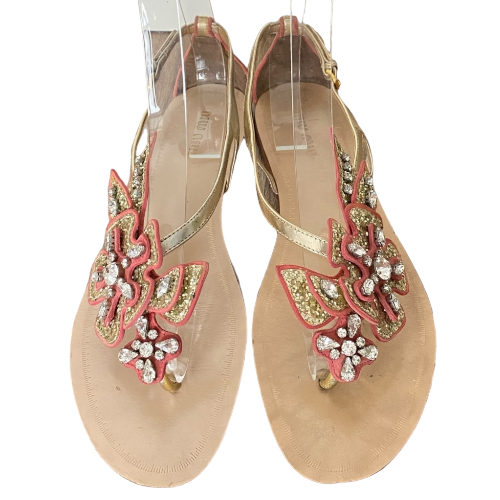MIU MIU Gold Glitter Coral Pink Crystal Leather Flower Flat Sandals, Size 37