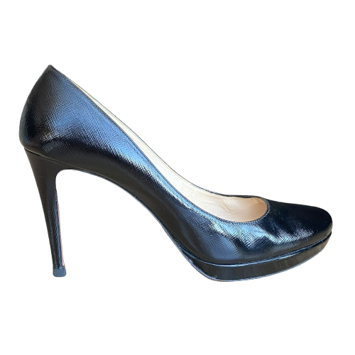 PRADA Black Textured Patent Leather Platform Pumps, Size 41