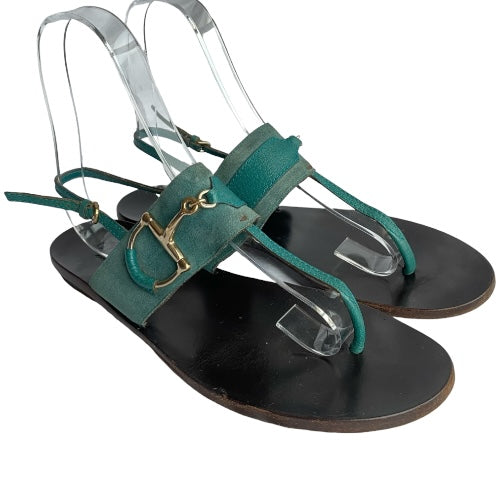 GUCCI Teal Green Nubuck & Leather Horsebit Buckle Flat Thong Sandals, Size 38.5