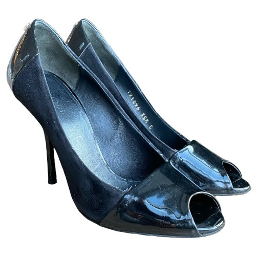 GUCCI Black Suede & Patent Leather GG Logo Detail Peep Toe Pumps, Size 35.5 C