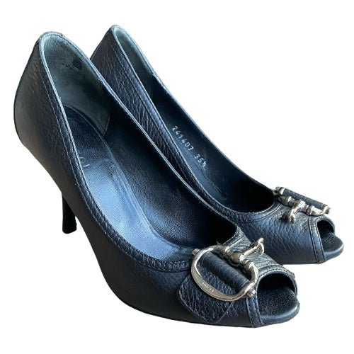 GUCCI Cellarius Black Leather, Silver Horsebit Buckle Peep Toe Pumps, Size 35.5