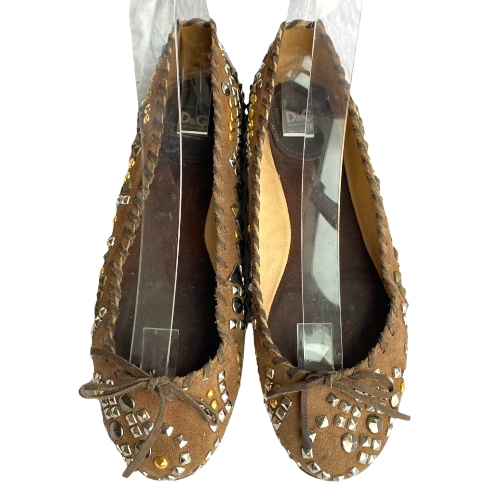 DOLCE & GABBANA Brown Nubuck Gold & Silver Studded Ballet Flats, Size 37