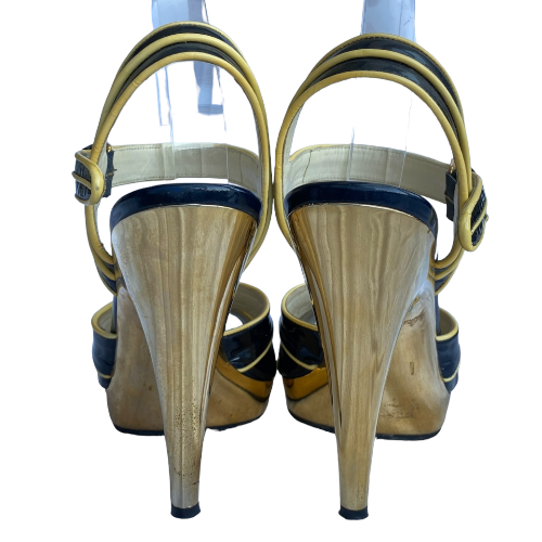 MIU MIU Navy Patent Leather Yellow Patent Trim Gold Strappy Heeled Sandals, 40.5