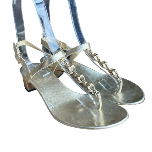 GUCCI Metallic Gold Leather Marina Chain T Strap Block Heel Sandals, Size 36