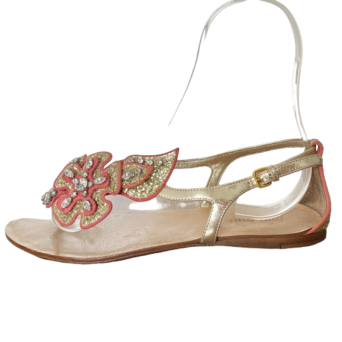MIU MIU Gold Glitter Coral Pink Crystal Leather Flower Flat Sandals, Size 37