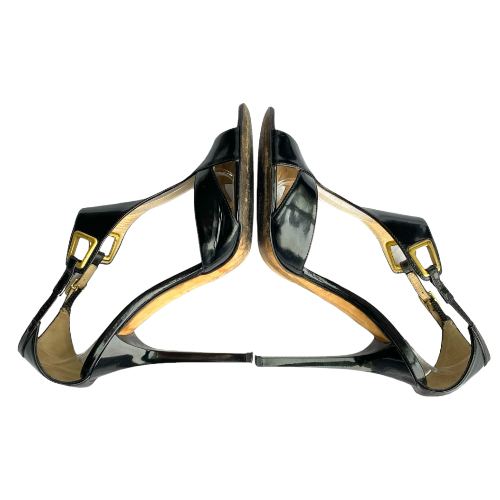 JIMMY CHOO Black Patent Leather Cut Out Ankle Strap Sandals, Size 40