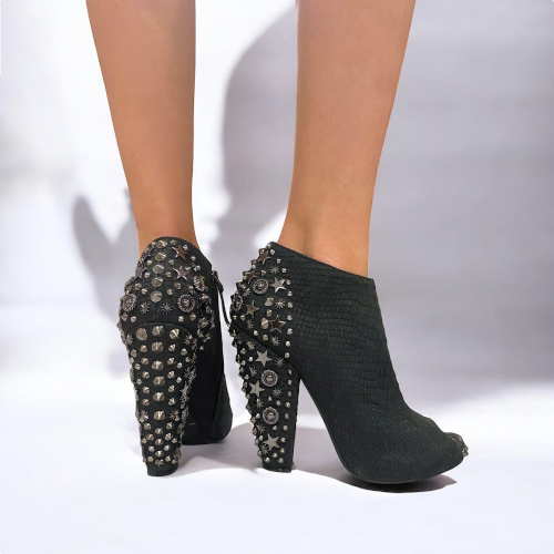 GIVENCHY Black Python Leather Studded Peep Toe Ankle Booties, Size 38