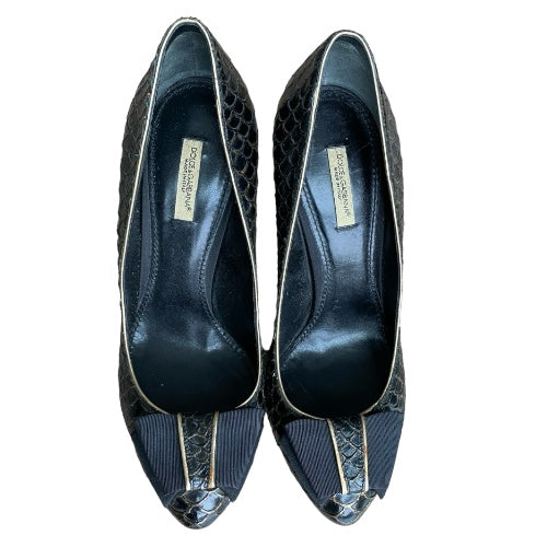 DOLCE & GABBANA Black Python Leather Bow Detail Pumps, Size 38.5
