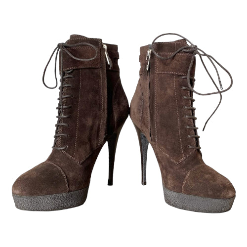NEW YVES SAINT LAURENT Brown Suede Lace Up Ankle Platform Boots, Size 36.5