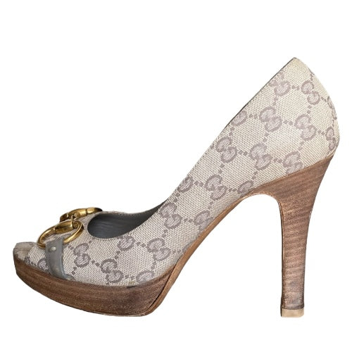 GUCCI Guccissima Greige GG Logo Leather Horsebit Platform Peep Toe Pumps, Size 37