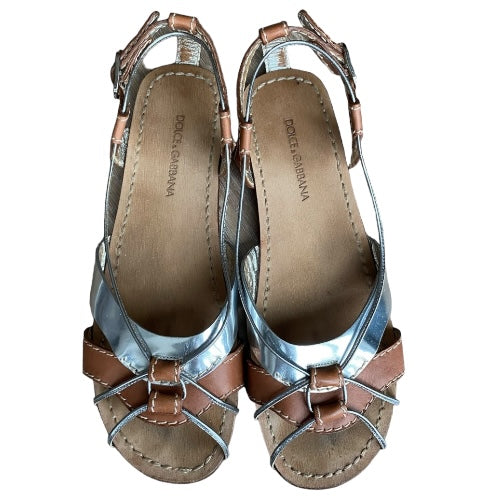 DOLCE & GABBANA Brown & Silver Strappy Slingback Flat Sandals, Size 37