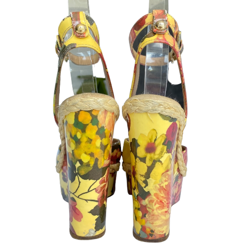 DOLCE & GABBANA Multicolor Patent Leather Floral Print Wedge Sandals, Size 38