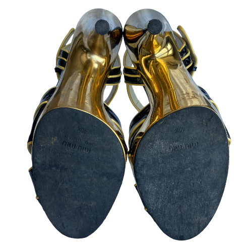 MIU MIU Navy Patent Leather Yellow Patent Trim Gold Strappy Heeled Sandals, 40.5