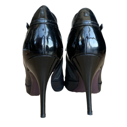 SALVATORE FERRAGAMO Black Leather Patent Bow & Buckle Detail Ankle Boots, 40
