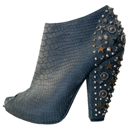 GIVENCHY Black Python Leather Studded Peep Toe Ankle Booties, Size 38