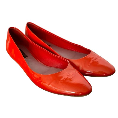 LOUIS VUITTON Orange Patent Leather Logo Embossed Ballet Flats, Size 39.5