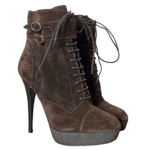 NEW YVES SAINT LAURENT Brown Suede Lace Up Ankle Platform Boots, Size 36.5