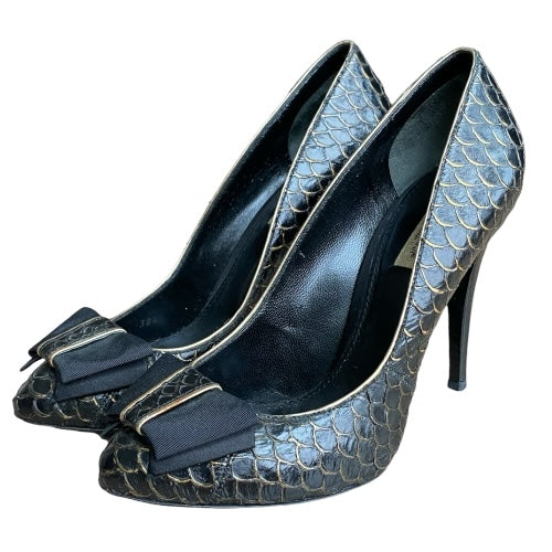 DOLCE & GABBANA Black Python Leather Bow Detail Pumps, Size 38.5