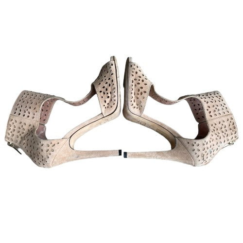 JIMMY CHOO Peach Pink Laser Cut Suede T Strap Peep Toe Sandals, Size 37.5