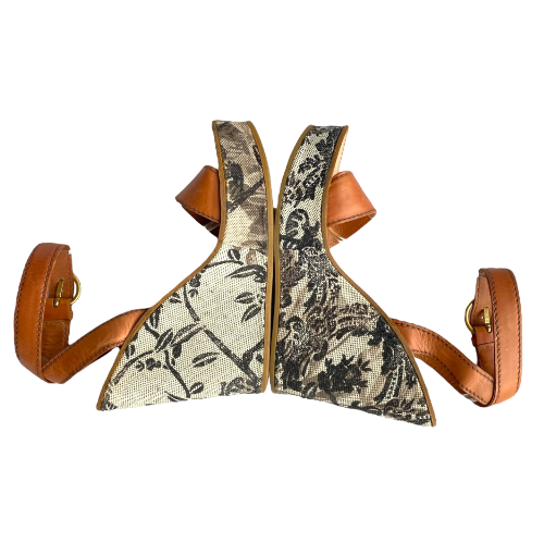 MIU MIU Brown Leather Strappy Floral Printed Canvas Wedge Heel Sandals, Size 37