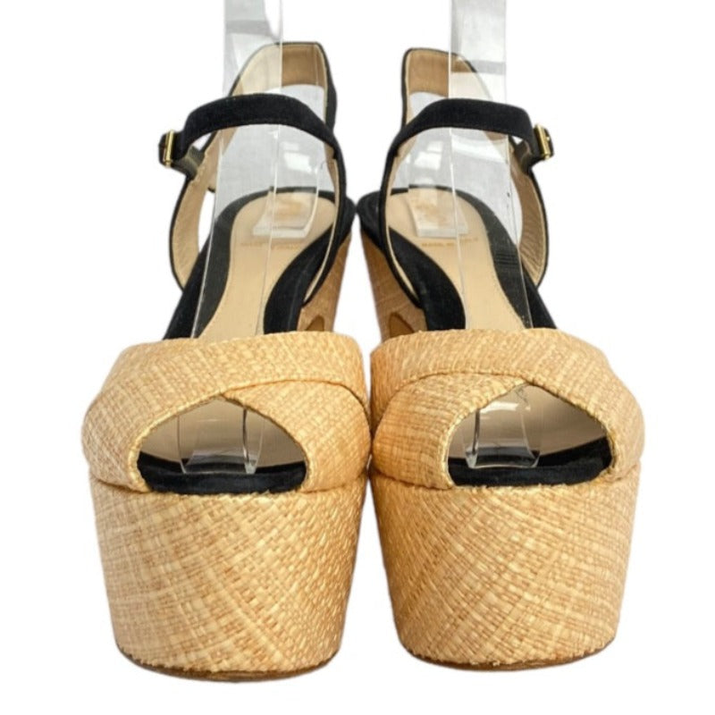 FENDI Beige Straw, Black Suede Ankle Strap Platform Heels Sandals, Size 37