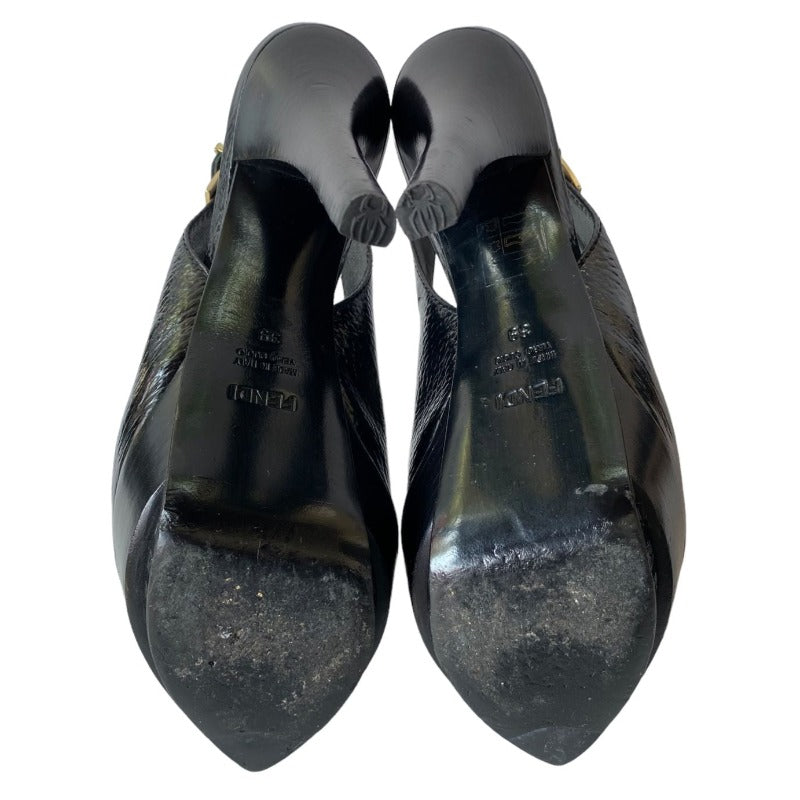 FENDI Black Leather Bow-Accented Peep Toe Slingback Logo Platform Pumps, Size 39