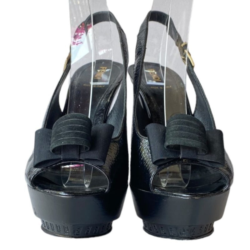 FENDI Black Leather Bow-Accented Peep Toe Slingback Logo Platform Pumps, Size 39