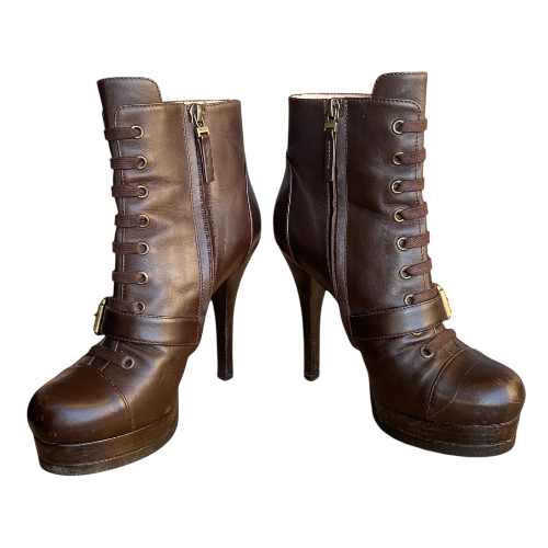 FENDI Brown Leather Buckle & Zipper & Lace Up Platform Ankle Boots, Size 37.5