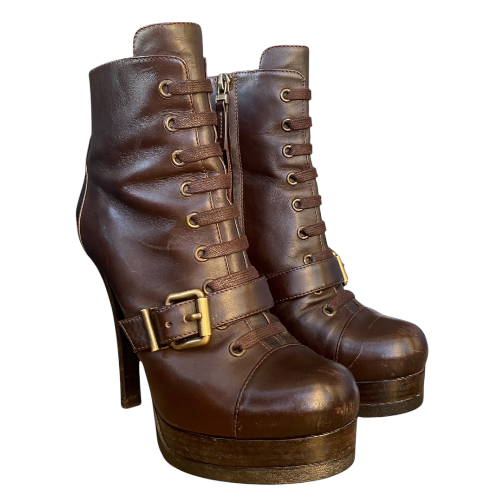 FENDI Brown Leather Buckle & Zipper & Lace Up Platform Ankle Boots, Size 37.5