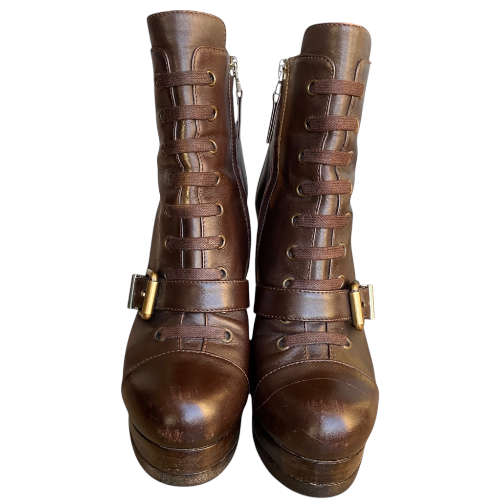 FENDI Brown Leather Buckle & Zipper & Lace Up Platform Ankle Boots, Size 37.5